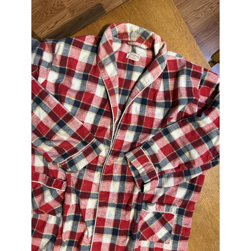 Vintage Weldon XL 18-20 Plaid Flannel Robe Red Blue White Shawl Collar USA
